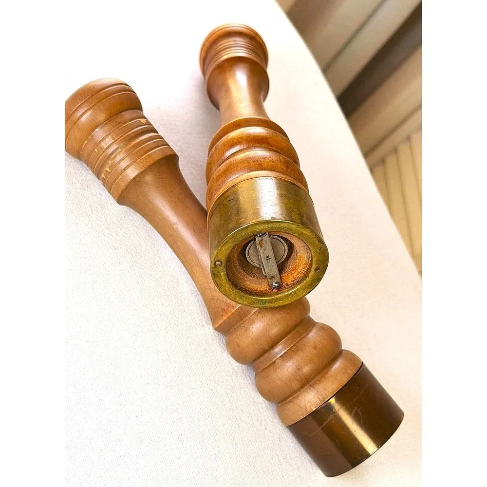 Vintage Salt Shaker Pepper Grinder Set 9.75in Brown Wood Brass MCM CottageCore